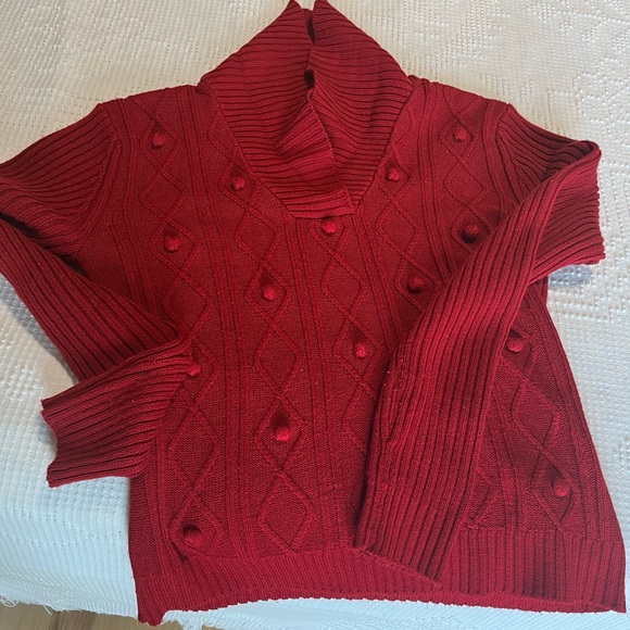 Evan Picone Red Acrylic Pom Pom Sweater Cable Knit Women Small Christmas Holiday - Picture 9 of 11
